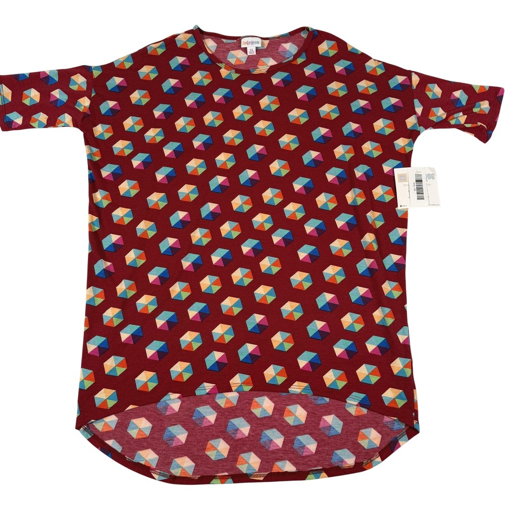 Oversized Colorful Tunic Knit Top XS Geometric Artsy Print Stretch High Low Hem
